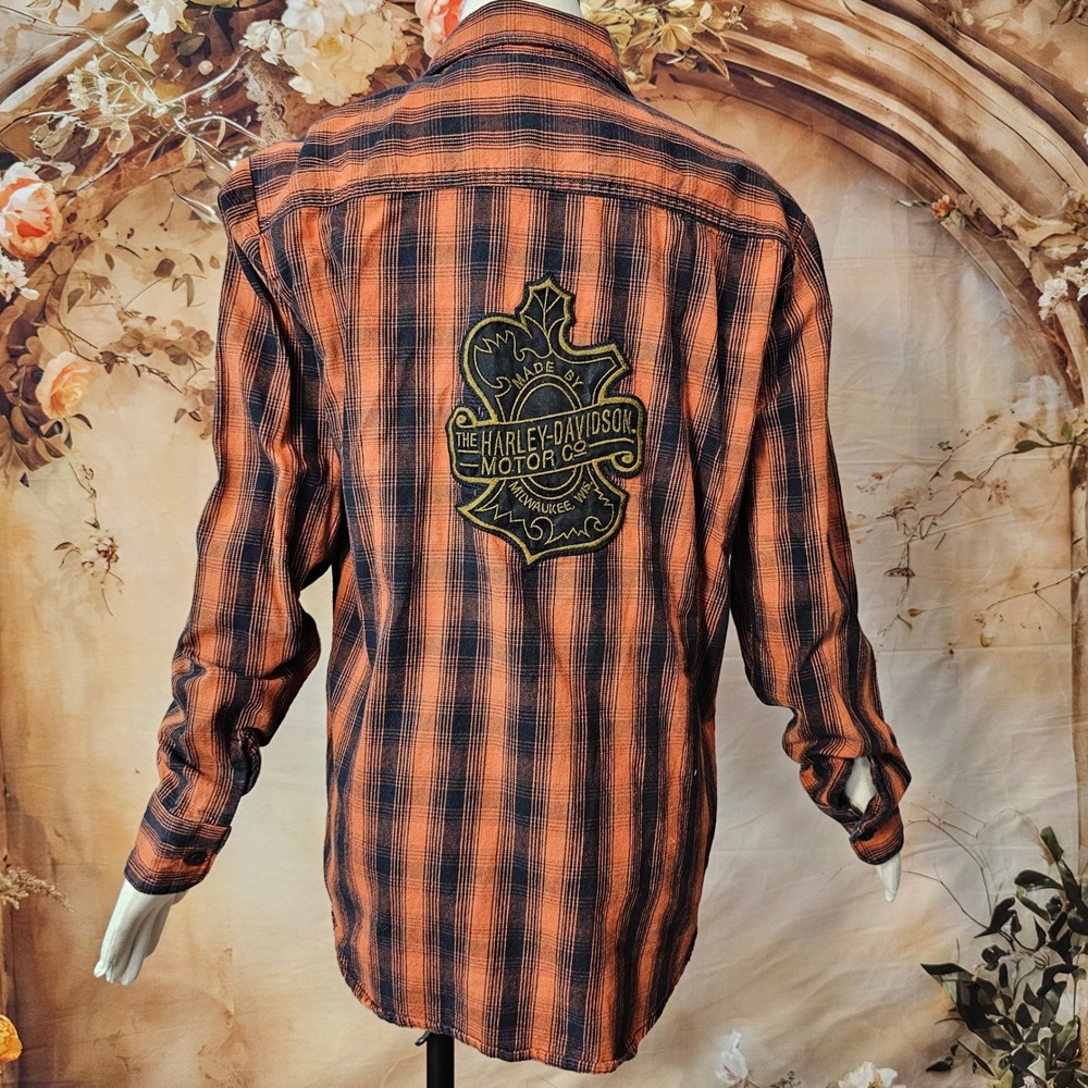 Harley-Davidson Mens Oak Leaf Orange Black Plaid Button Down Shirt  Patch Medium